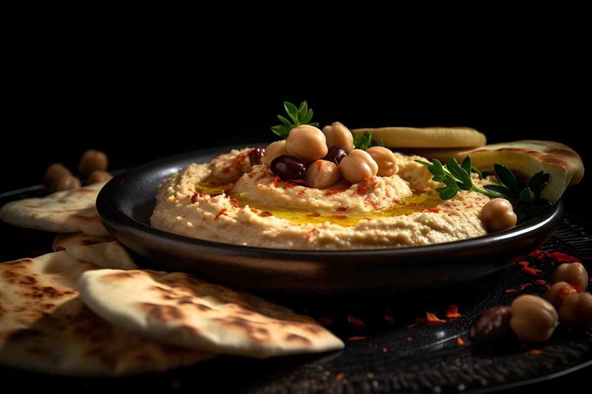 A platter of Mediterranean-style hummus with pita bread, macro close-up, black background, realism, hd, 35mm photograph, sharp, sharpened, 8k picture