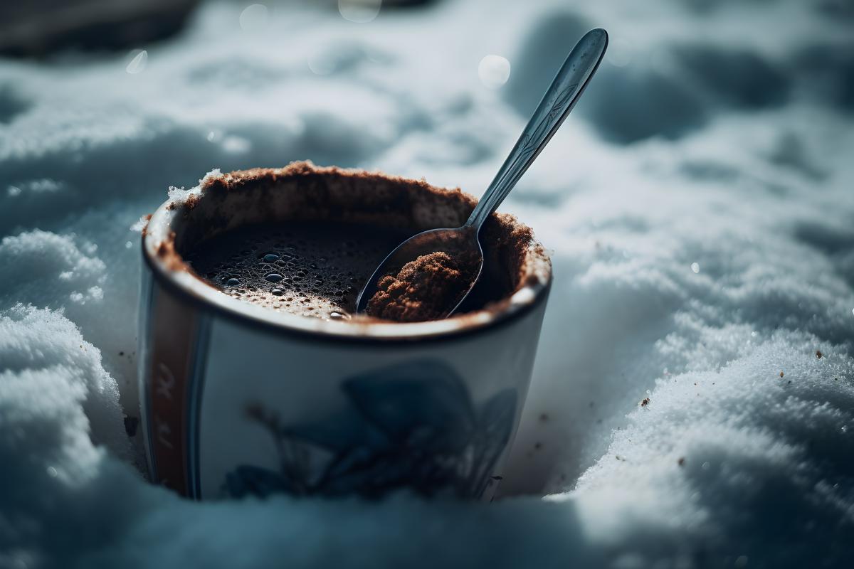 a cup of coffee buried in the snow, realism, hd, 35mm photograph, sharp, sharpened, 8k picture