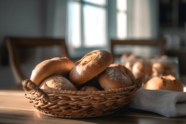A basket of freshly baked bread on a wooden table, close-up, white background, realism, hd, 35mm photograph, sharp, sharpened, 8k
