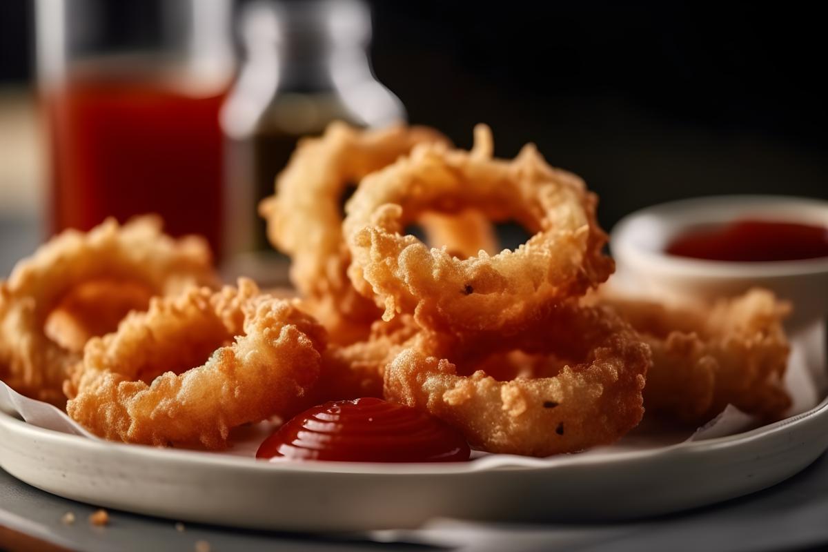 A tray of crispy onion rings with ketchup, close-up, white background, realism, hd, 35mm photograph, sharp, sharpened, 8k picture