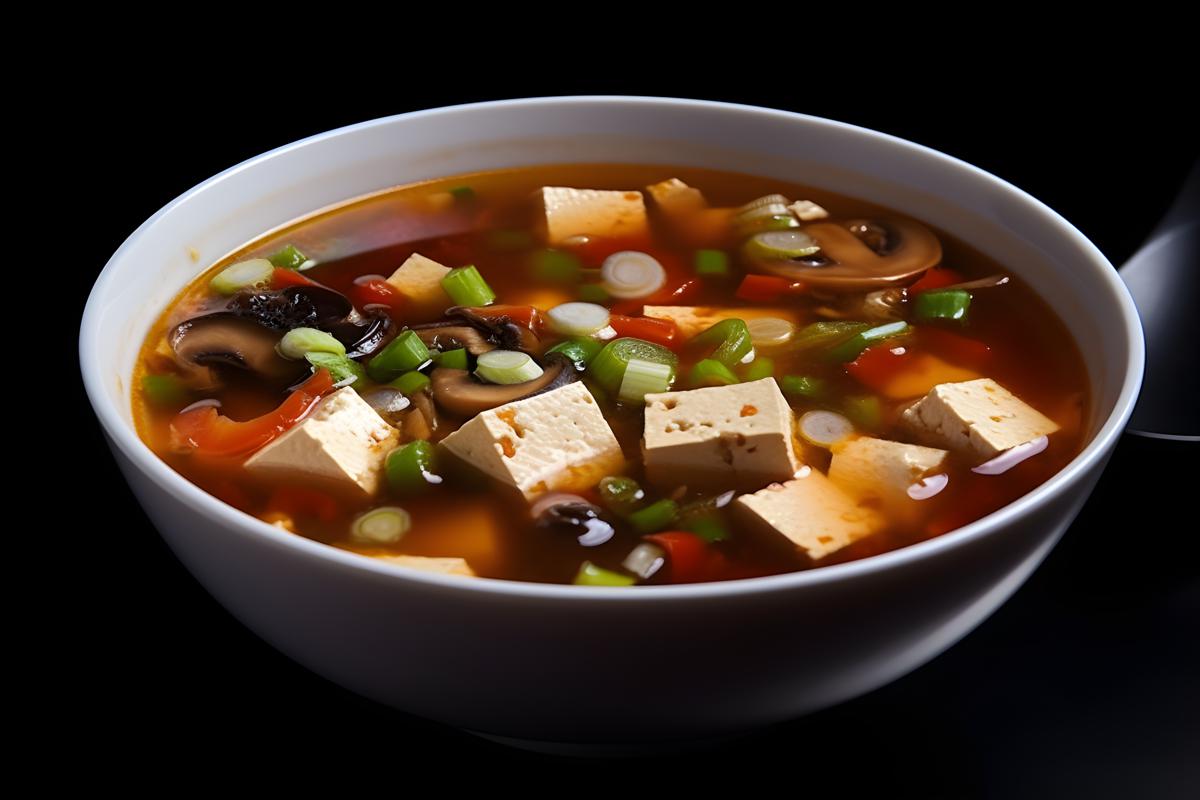 A bowl of hot and sour soup with tofu and vegetables, close-up, white background, realism, hd, 35mm photograph, sharp, sharpened, 8k picture