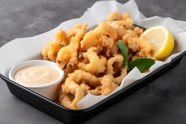 A tray of crispy fried calamari with lemon and aioli sauce, close-up, white background, realism, hd, 35mm photograph, sharp, sharpened, 8k