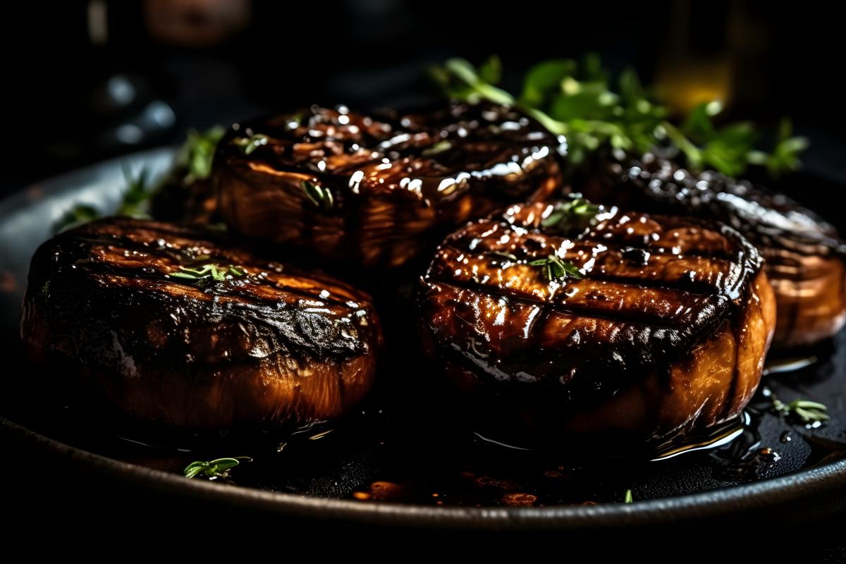 A plate of grilled portobello mushrooms with balsamic glaze, macro close-up, black background, realism, hd, 35mm photograph, sharp, sharpened, 8k picture