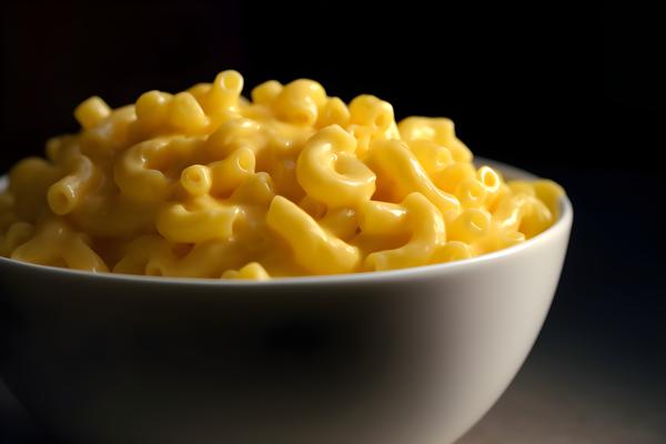 A bowl of creamy macaroni and cheese, close-up, white background, realism, hd, 35mm photograph, sharp, sharpened, 8k