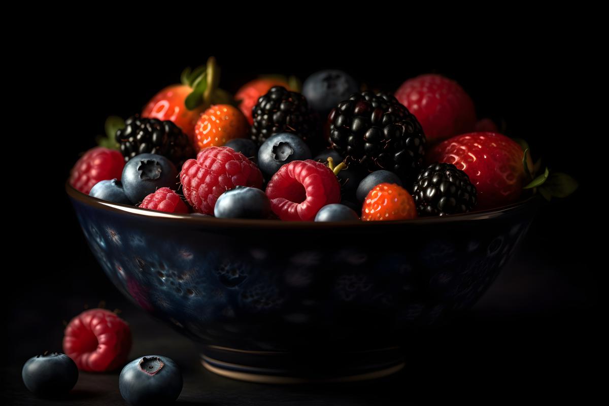 A bowl of colorful fresh berries on a white background, macro close-up, black background, realism, hd, 35mm photograph, sharp, sharpened, 8k picture