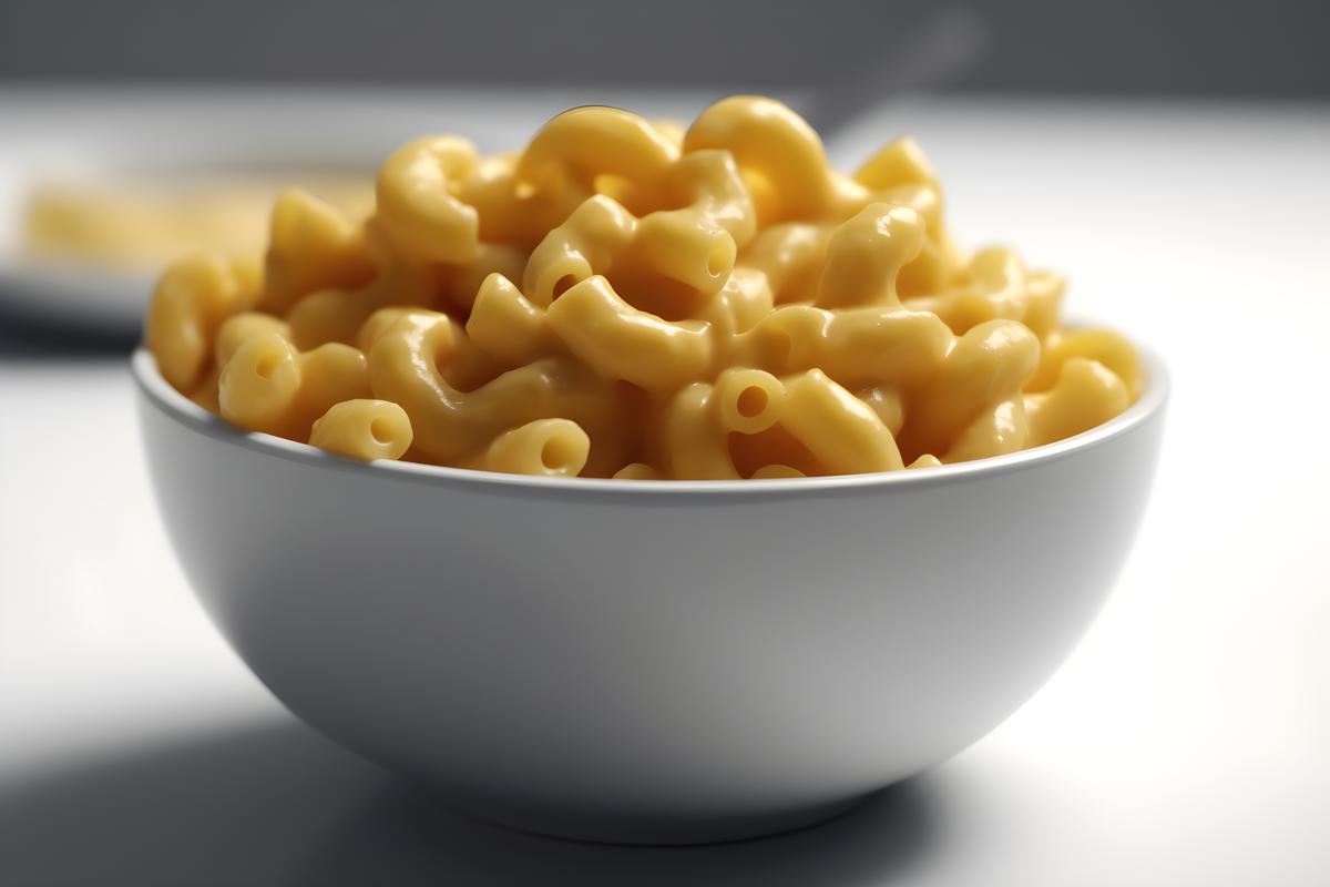 A bowl of creamy macaroni and cheese, close-up, white background, realism, hd, 35mm photograph, sharp, sharpened, 8k picture