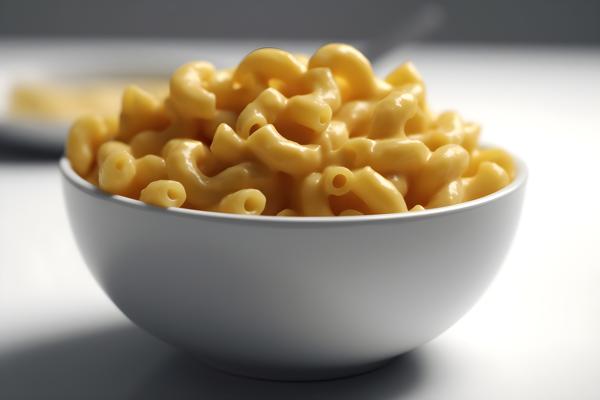 A bowl of creamy macaroni and cheese, close-up, white background, realism, hd, 35mm photograph, sharp, sharpened, 8k