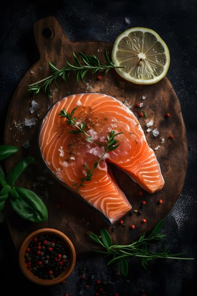 top view Raw salmon steak and spices, sitting on a rustic style table realistic, black background realism, hd, 35mm photograph, sharp, sharpened, 8k