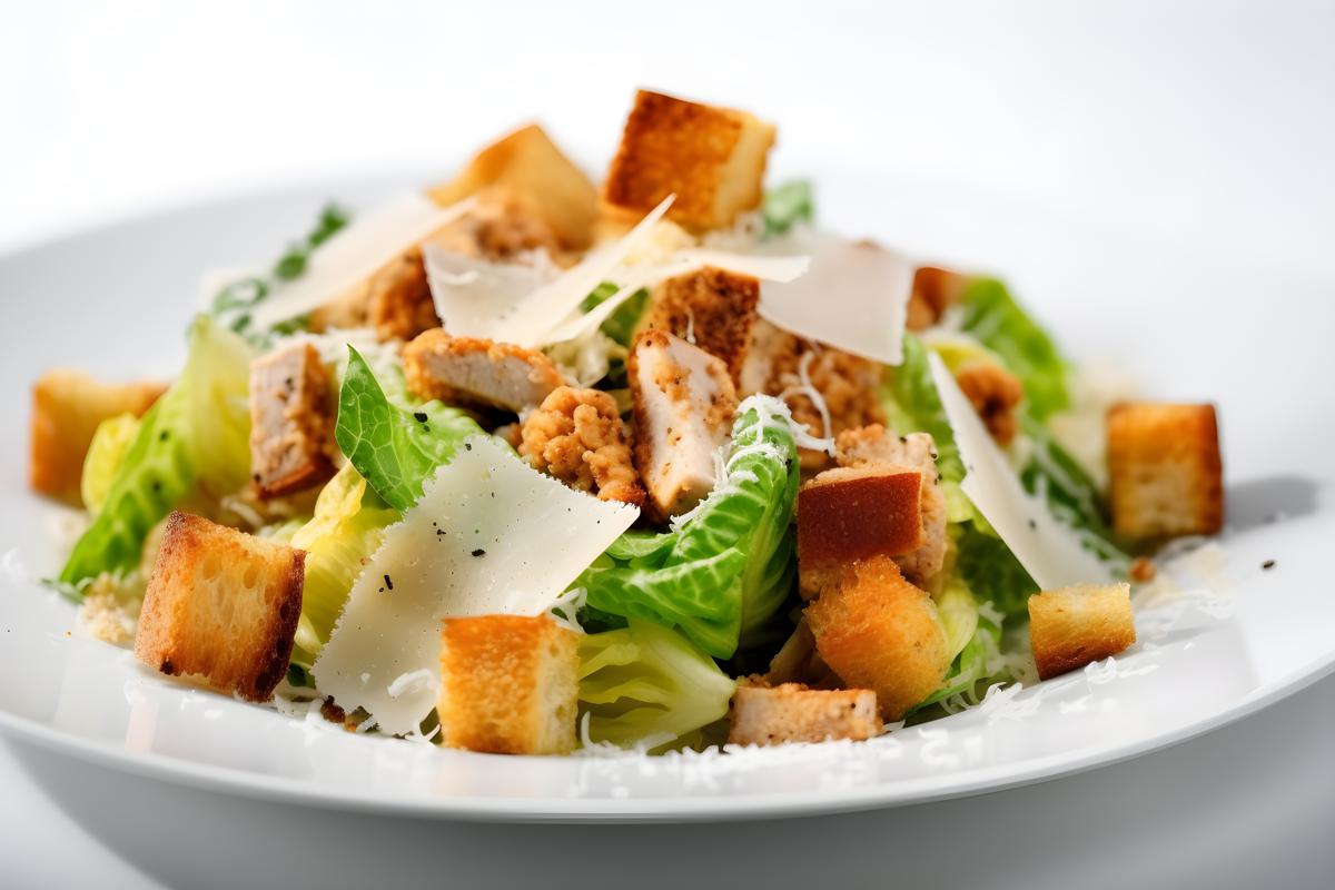 A plate of grilled chicken Caesar salad with croutons, close-up, white background, realism, hd, 35mm photograph, sharp, sharpened, 8k picture