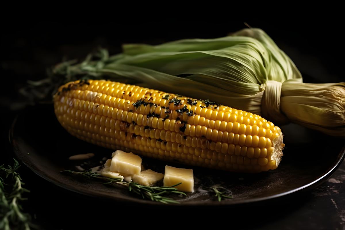 A plate of grilled corn on the cob with butter and herbs, macro close-up, black background, realism, hd, 35mm photograph, sharp, sharpened, 8k picture