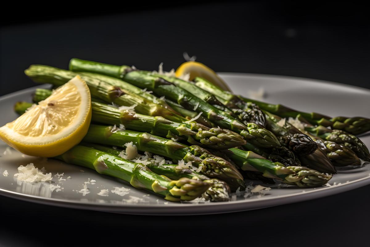 A plate of grilled asparagus with lemon and parmesan, close-up, white background, realism, hd, 35mm photograph, sharp, sharpened, 8k picture