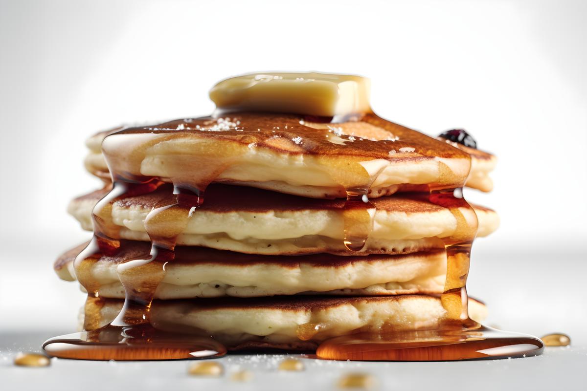 A stack of fluffy pancakes with maple syrup and butter, close-up, white background, realism, hd, 35mm photograph, sharp, sharpened, 8k picture