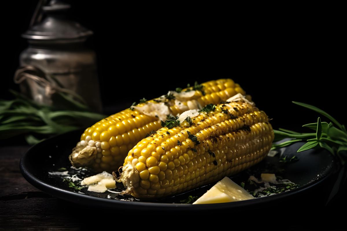 A plate of grilled corn on the cob with butter and herbs, macro close-up, black background, realism, hd, 35mm photograph, sharp, sharpened, 8k picture