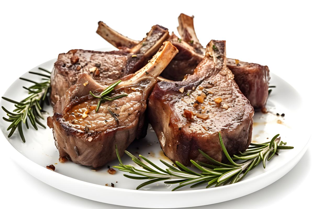A plate of grilled lamb chops with rosemary and garlic, close-up, white background, realism, hd, 35mm photograph, sharp, sharpened, 8k picture