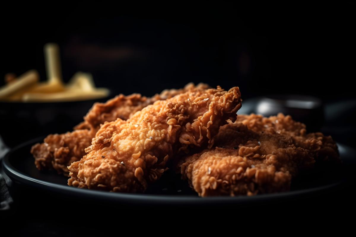 A plate of crispy fried chicken with french fries, macro close-up, black background, realism, hd, 35mm photograph, sharp, sharpened, 8k picture