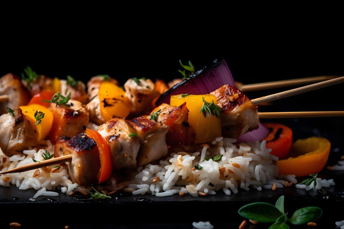 Grilled chicken skewers with vegetables and rice, macro close-up, black background, realism, hd, 35mm photograph, sharp, sharpened, 8k picture