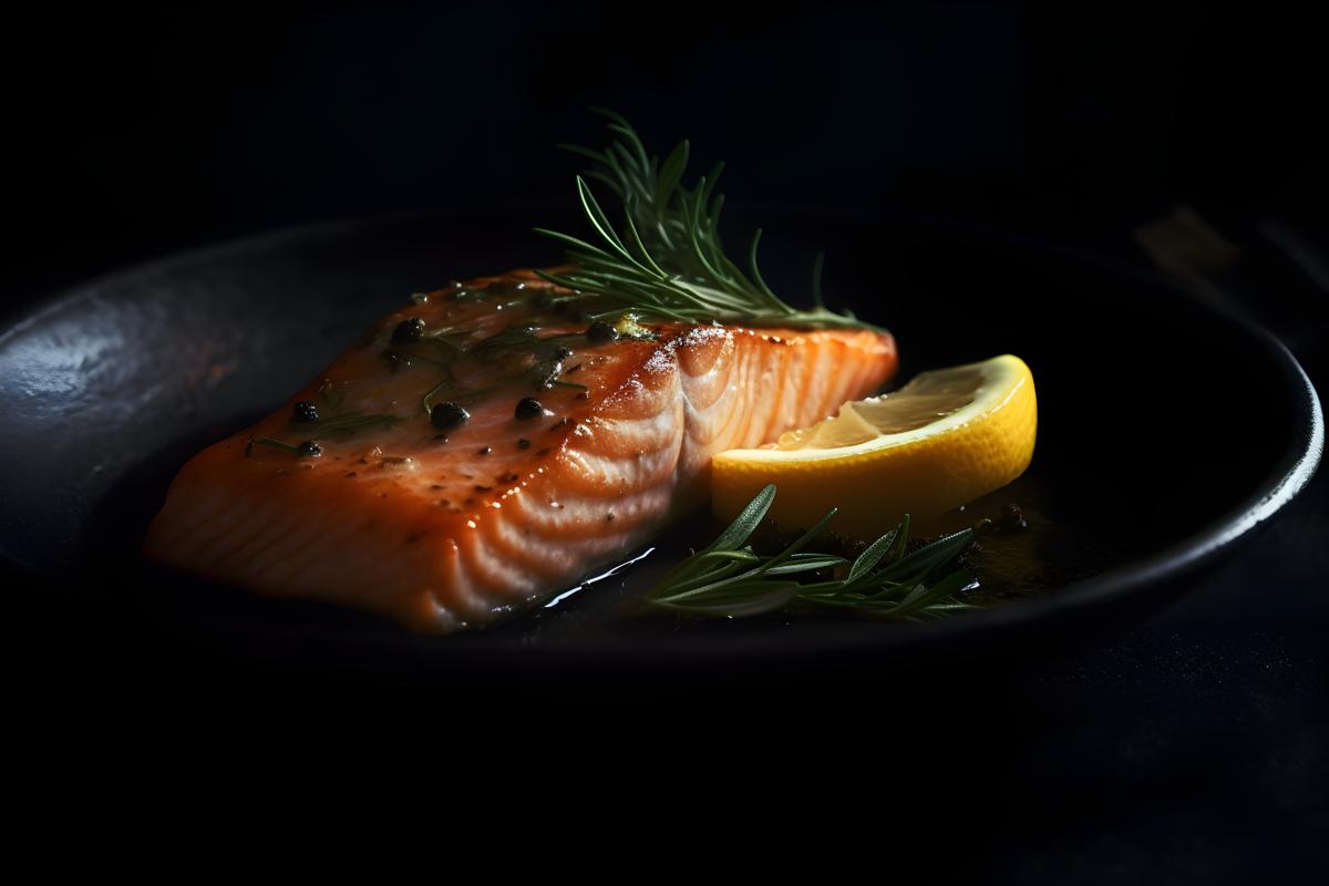 A plate of grilled salmon with lemon and dill, macro close-up, black background, realism, hd, 35mm photograph, sharp, sharpened, 8k picture