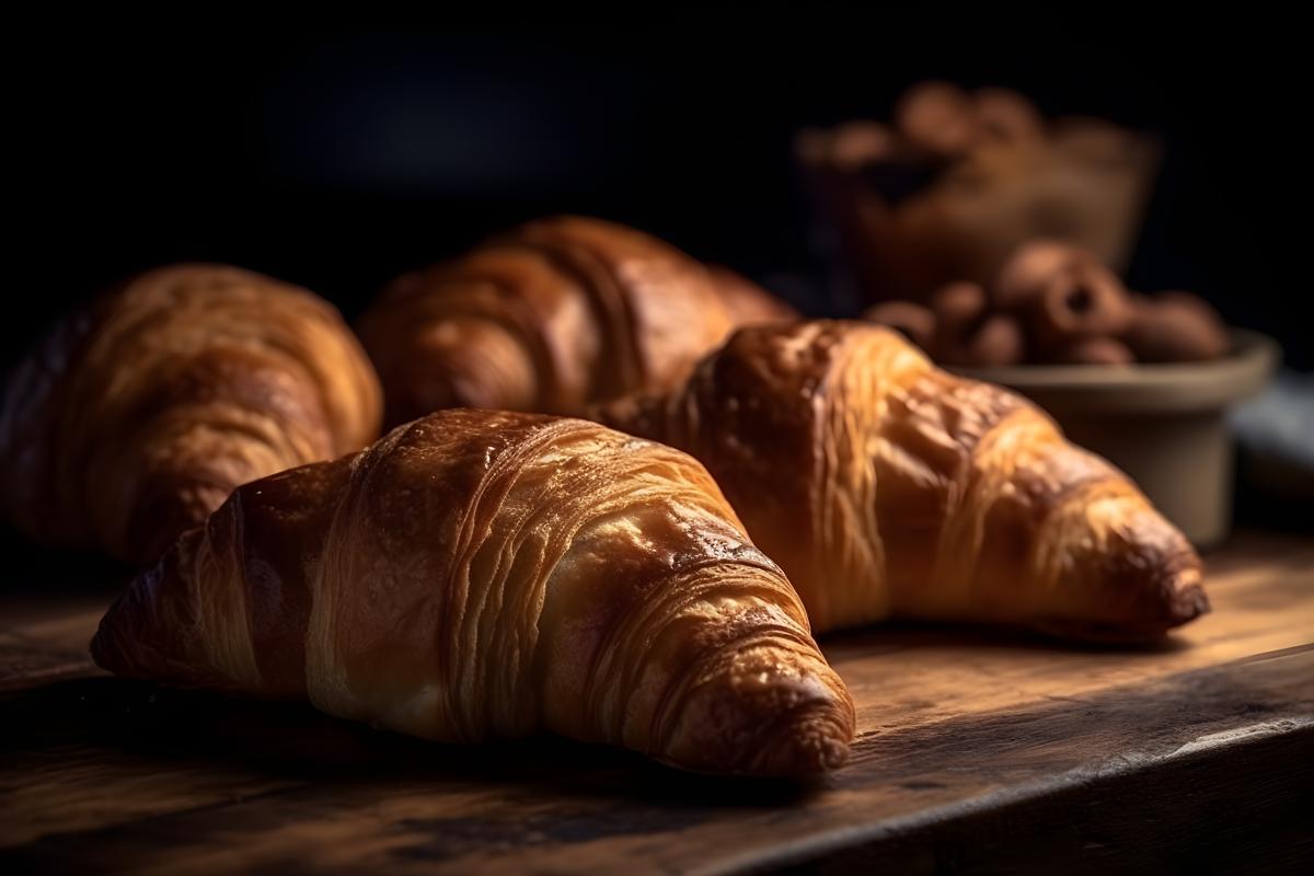 Freshly baked croissants on a wooden table, macro close-up, black background, realism, hd, 35mm photograph, sharp, sharpened, 8k picture