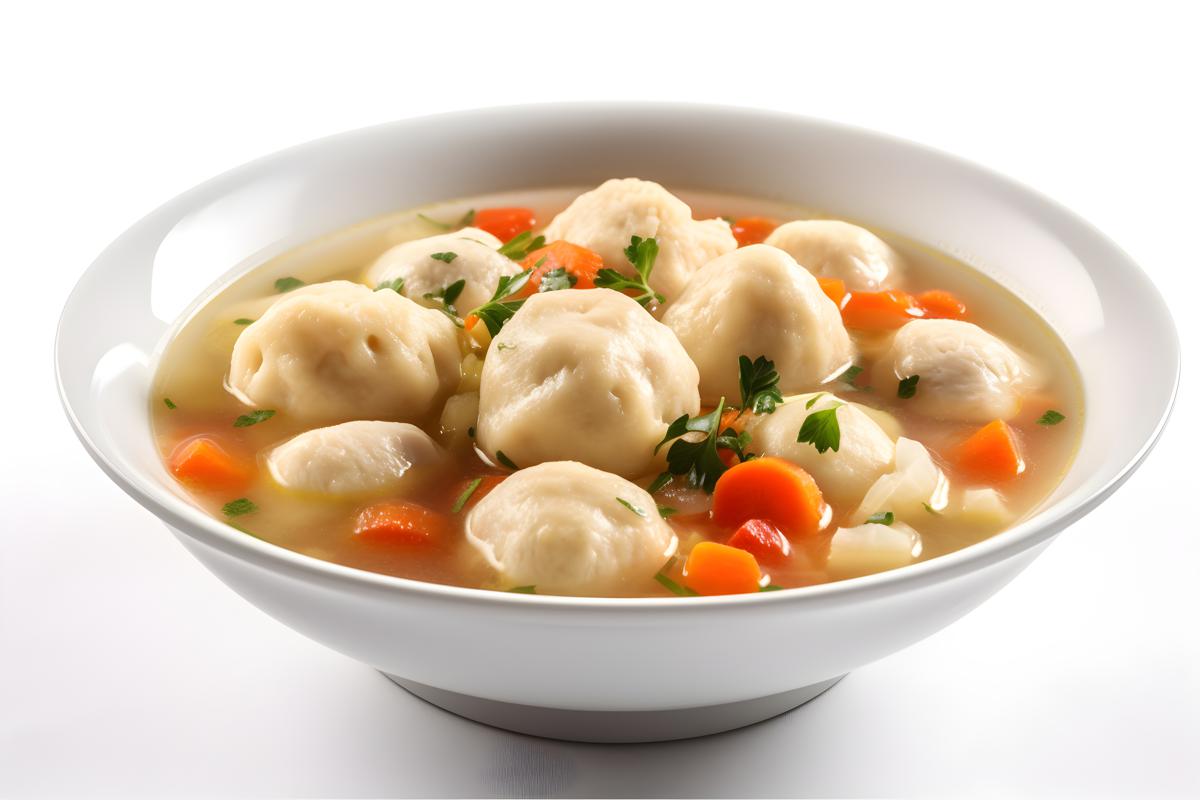 A bowl of hearty chicken and dumpling soup, close-up, white background, realism, hd, 35mm photograph, sharp, sharpened, 8k picture