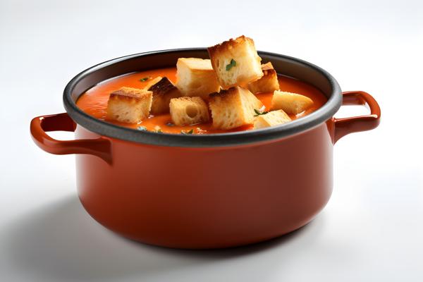 A pot of creamy tomato soup with croutons, close-up, white background, realism, hd, 35mm photograph, sharp, sharpened, 8k