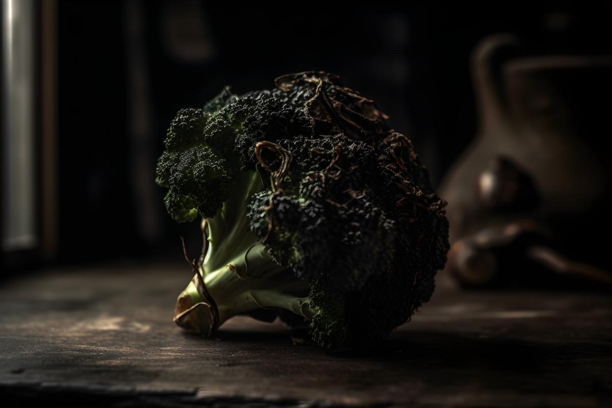 a piece of blackened brocoli, sitting on a rustic style table realistic, realism, hd, 35mm photograph, sharp, sharpened, 8k picture