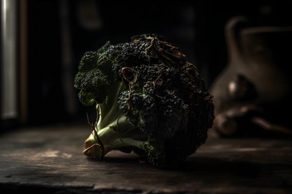 a piece of blackened brocoli, sitting on a rustic style table realistic, realism, hd, 35mm photograph, sharp, sharpened, 8k