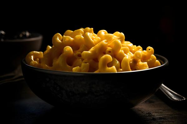 A bowl of creamy macaroni and cheese, macro close-up, black background, realism, hd, 35mm photograph, sharp, sharpened, 8k
