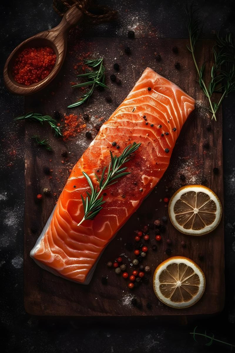 top view Raw salmon steak and spices, sitting on a rustic style table realistic, black background realism, hd, 35mm photograph, sharp, sharpened, 8k picture