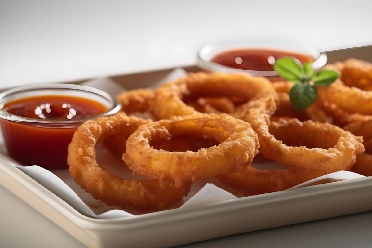 A tray of crispy onion rings with ketchup, close-up, white background, realism, hd, 35mm photograph, sharp, sharpened, 8k picture