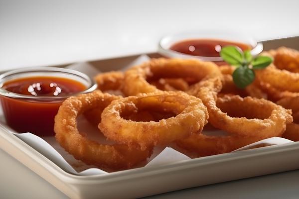 A tray of crispy onion rings with ketchup, close-up, white background, realism, hd, 35mm photograph, sharp, sharpened, 8k