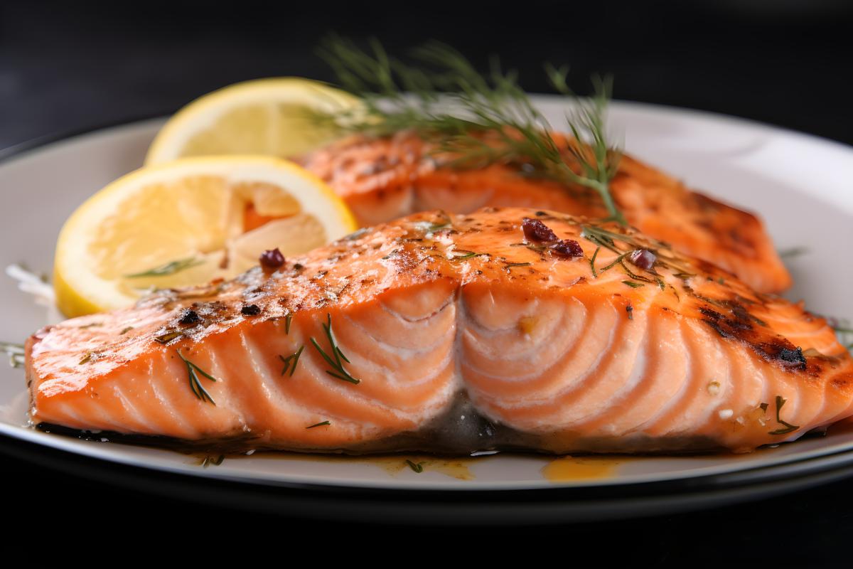 A plate of grilled salmon with lemon and dill, close-up, white background, realism, hd, 35mm photograph, sharp, sharpened, 8k picture