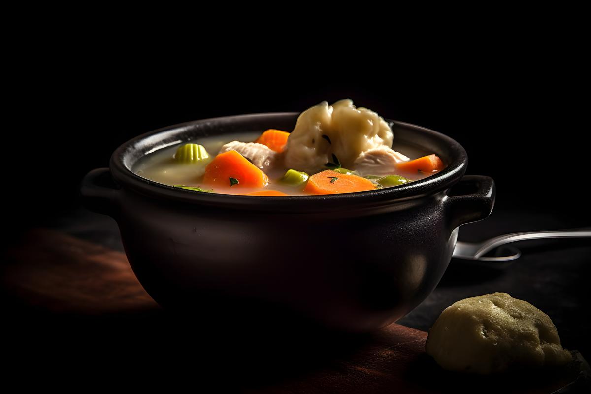 A bowl of hearty chicken and dumpling soup, macro close-up, black background, realism, hd, 35mm photograph, sharp, sharpened, 8k picture