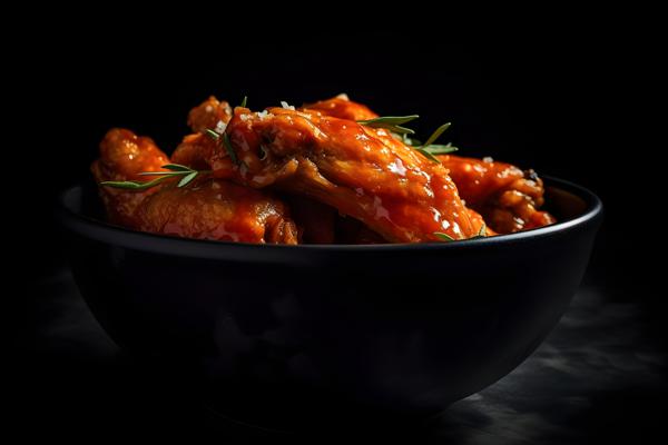 A bowl of hot and spicy buffalo wings, macro close-up, black background, realism, hd, 35mm photograph, sharp, sharpened, 8k