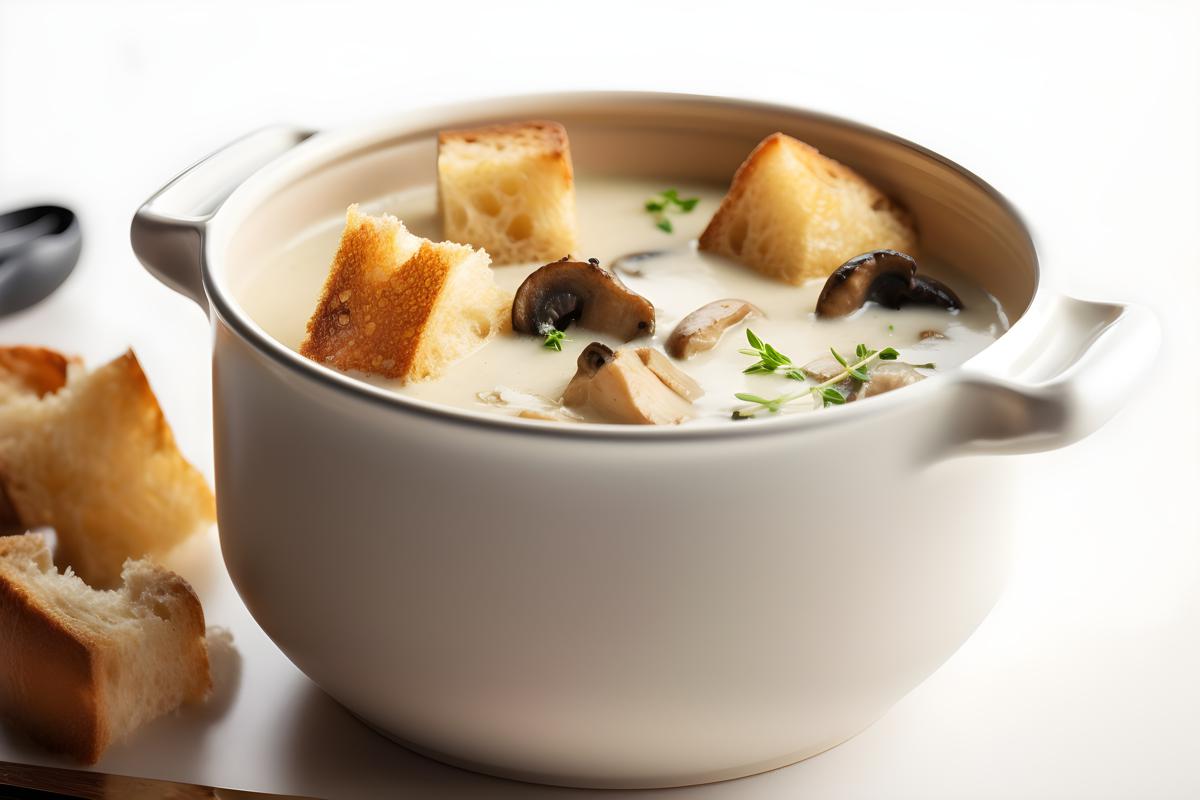 A pot of creamy mushroom soup with croutons, close-up, white background, realism, hd, 35mm photograph, sharp, sharpened, 8k picture