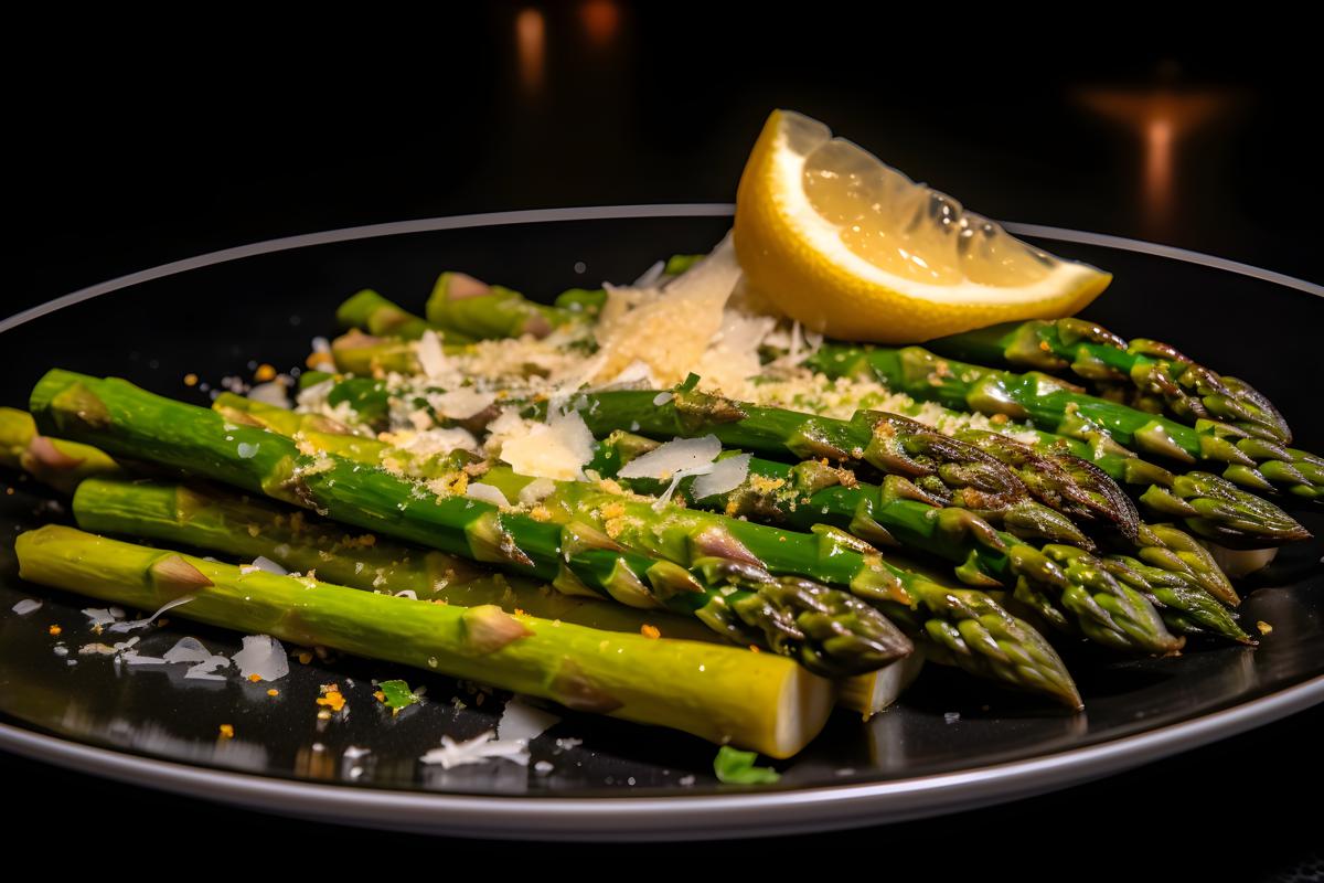 A plate of grilled asparagus with lemon and parmesan, close-up, white background, realism, hd, 35mm photograph, sharp, sharpened, 8k picture