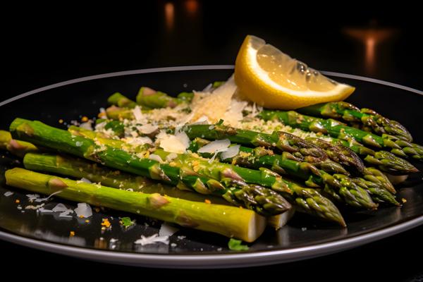 A plate of grilled asparagus with lemon and parmesan, close-up, white background, realism, hd, 35mm photograph, sharp, sharpened, 8k