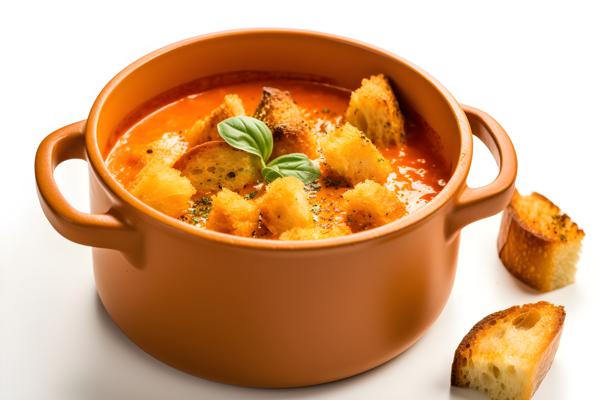 A pot of creamy tomato soup with croutons, close-up, white background, realism, hd, 35mm photograph, sharp, sharpened, 8k