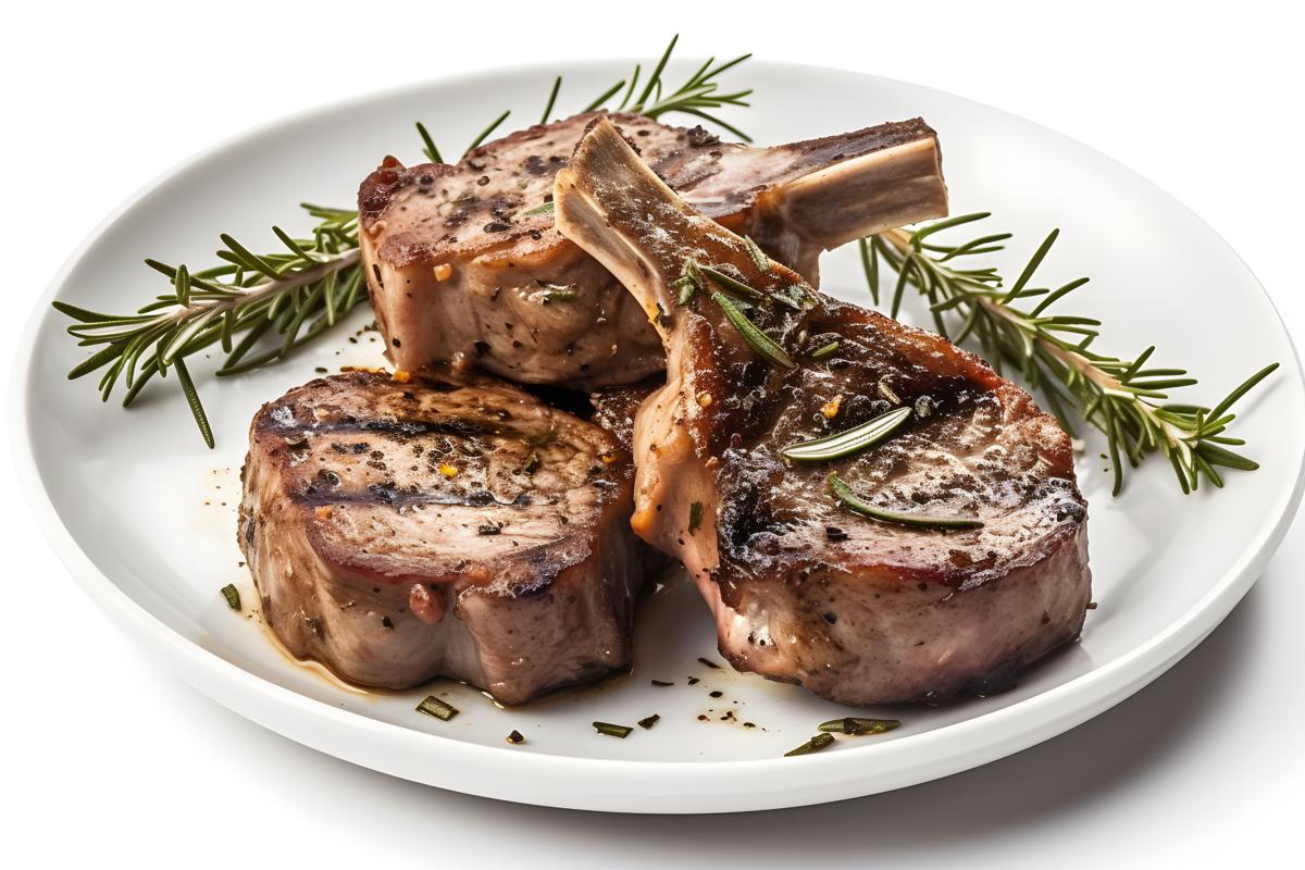 A plate of grilled lamb chops with rosemary and garlic, close-up, white background, realism, hd, 35mm photograph, sharp, sharpened, 8k picture