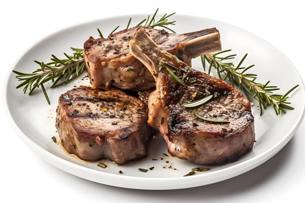 A plate of grilled lamb chops with rosemary and garlic, close-up, white background, realism, hd, 35mm photograph, sharp, sharpened, 8k