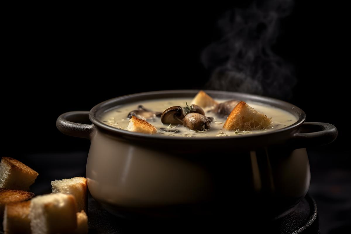 A pot of creamy mushroom soup with croutons, macro close-up, black background, realism, hd, 35mm photograph, sharp, sharpened, 8k picture