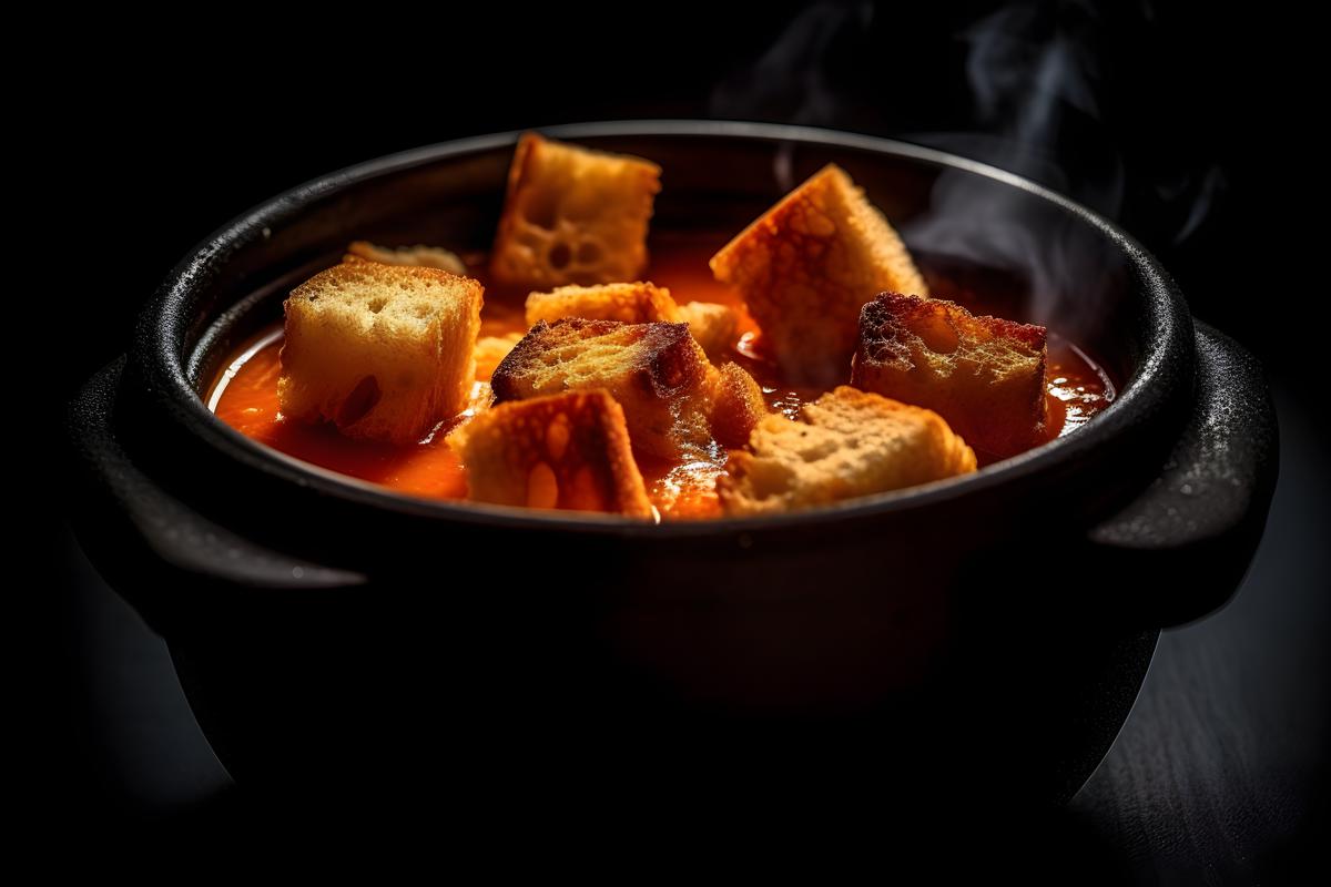 A pot of creamy tomato soup with croutons, macro close-up, black background, realism, hd, 35mm photograph, sharp, sharpened, 8k picture
