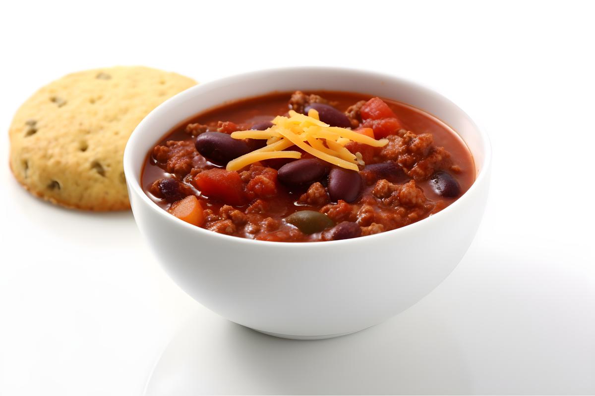 A bowl of hot chili with a side of cornbread, close-up, white background, realism, hd, 35mm photograph, sharp, sharpened, 8k picture