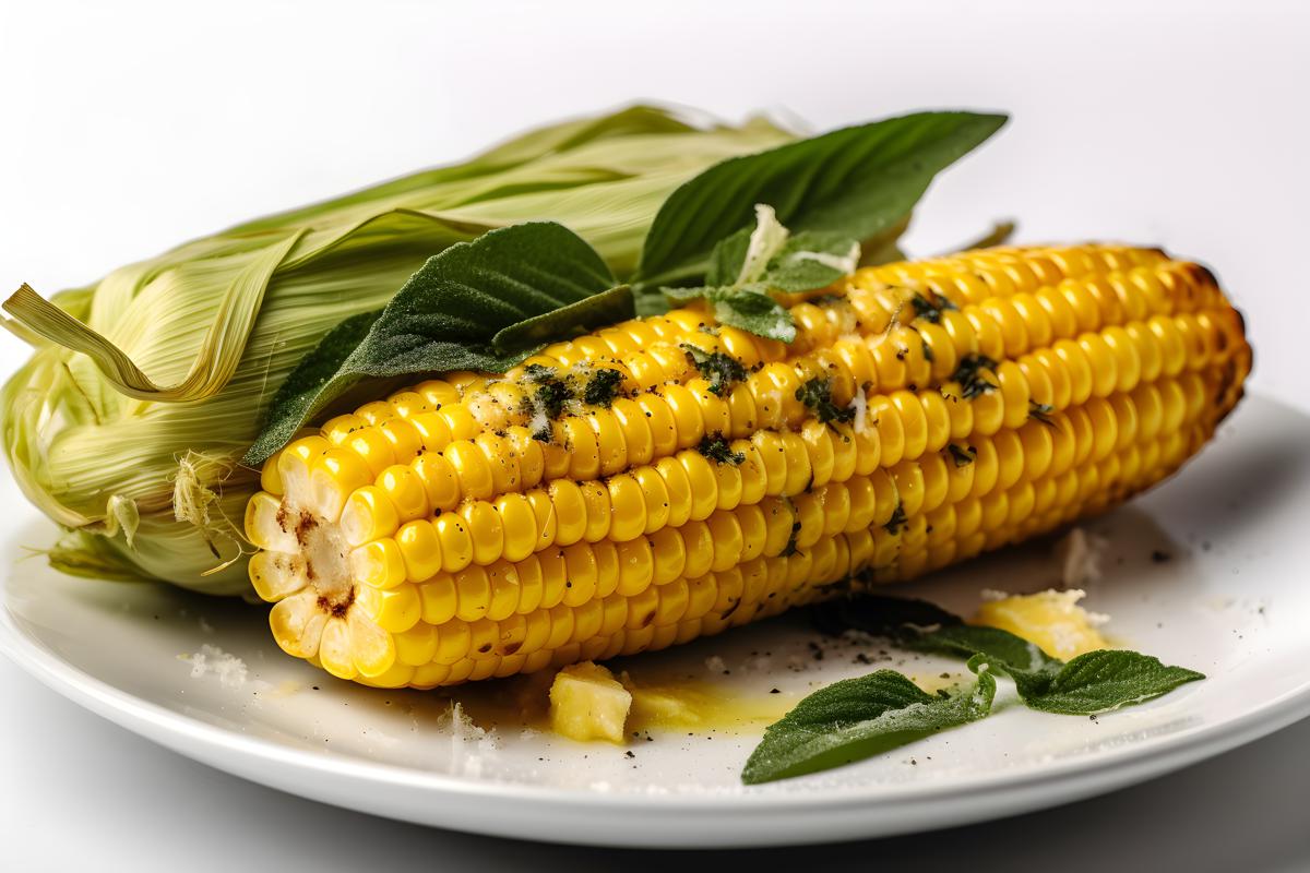 A plate of grilled corn on the cob with butter and herbs, close-up, white background, realism, hd, 35mm photograph, sharp, sharpened, 8k picture