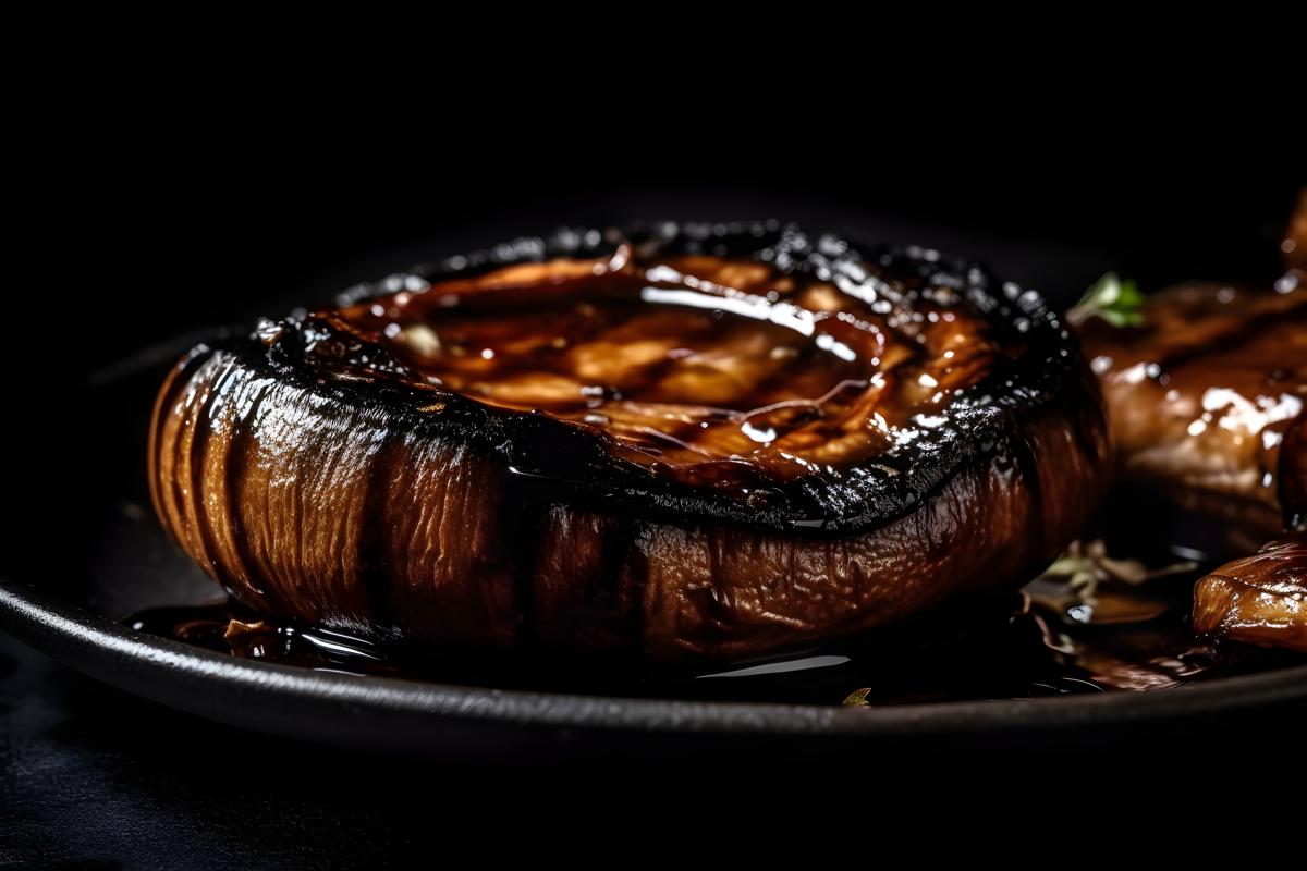 A plate of grilled portobello mushrooms with balsamic glaze, macro close-up, black background, realism, hd, 35mm photograph, sharp, sharpened, 8k picture