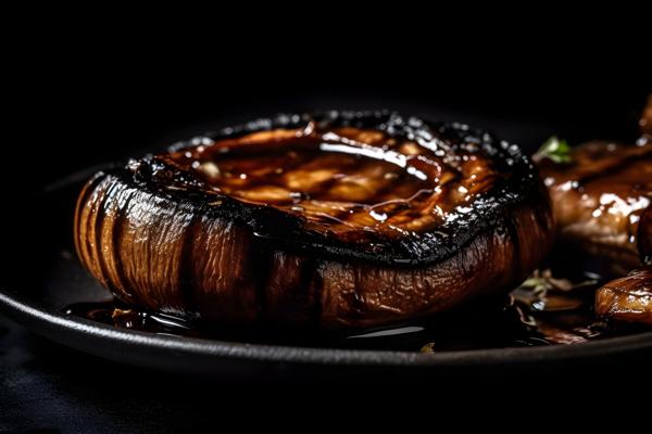 A plate of grilled portobello mushrooms with balsamic glaze, macro close-up, black background, realism, hd, 35mm photograph, sharp, sharpened, 8k