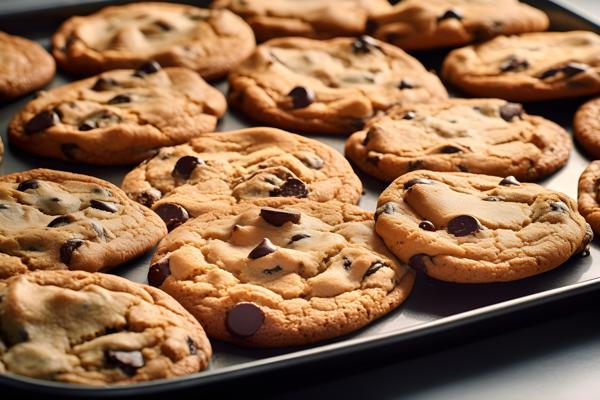 A tray of fresh-baked chocolate chip cookies, close-up, white background, realism, hd, 35mm photograph, sharp, sharpened, 8k