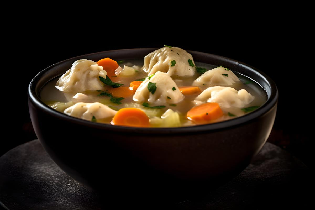 A bowl of hearty chicken and dumpling soup, macro close-up, black background, realism, hd, 35mm photograph, sharp, sharpened, 8k picture