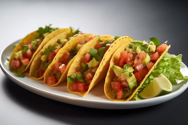 A platter of tacos with salsa and guacamole, close-up, white background, realism, hd, 35mm photograph, sharp, sharpened, 8k