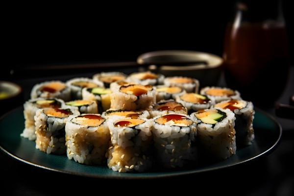 A platter of sushi rolls with soy sauce and chopsticks, macro close-up, black background, realism, hd, 35mm photograph, sharp, sharpened, 8k