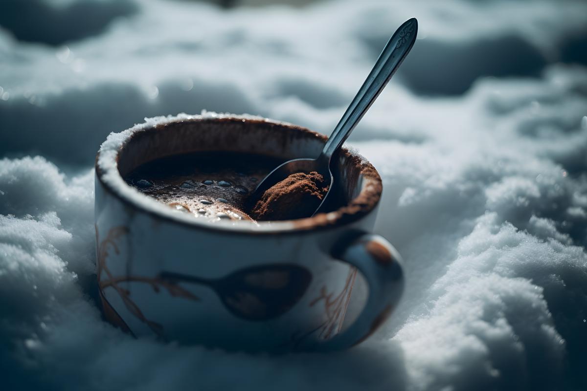 a cup of coffee buried in the snow, realism, hd, 35mm photograph, sharp, sharpened, 8k picture